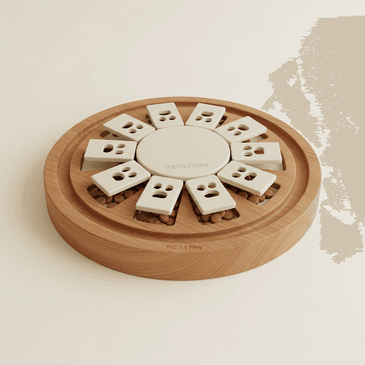 Round wooden puzzle feeder by LUCK CLAWS.